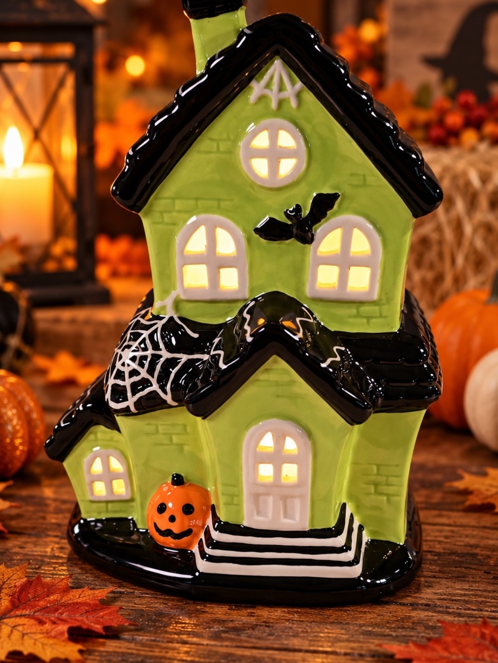 Kirkton House Halloween LED Ceramic Haunted House Luminary – Lime Green & Black